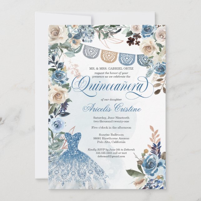 Invitación Flores de Rosa azul turquesa Quinceañera (Anverso)