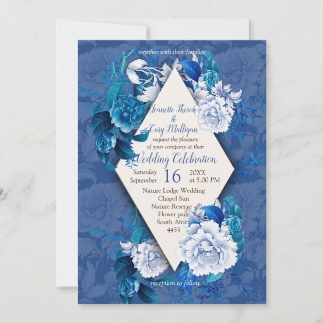 Invitación Flores de rosa blanca en papel de patrón azul (Anverso)