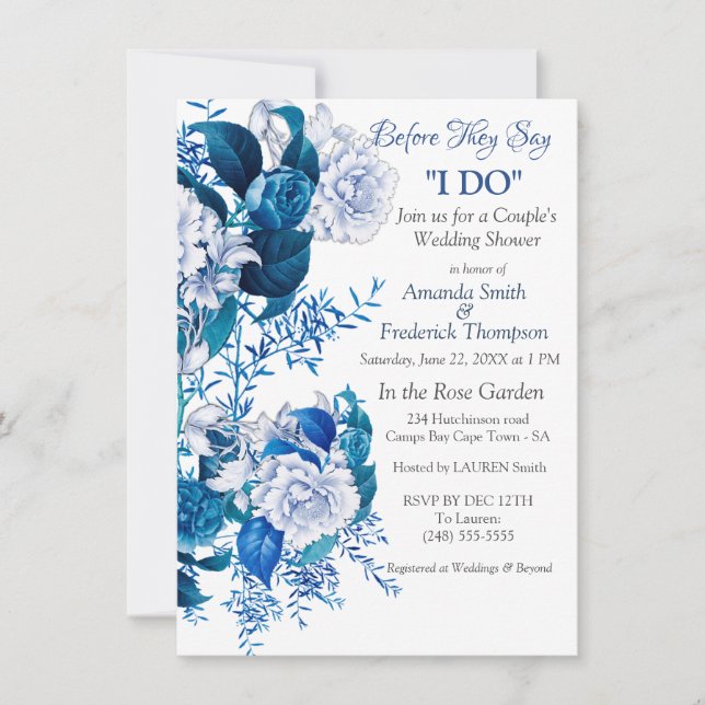 Invitación Flores de rosa blanca en papel de patrón azul (Anverso)