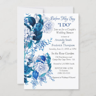 Invitación Flores de rosa blanca en papel de patrón azul