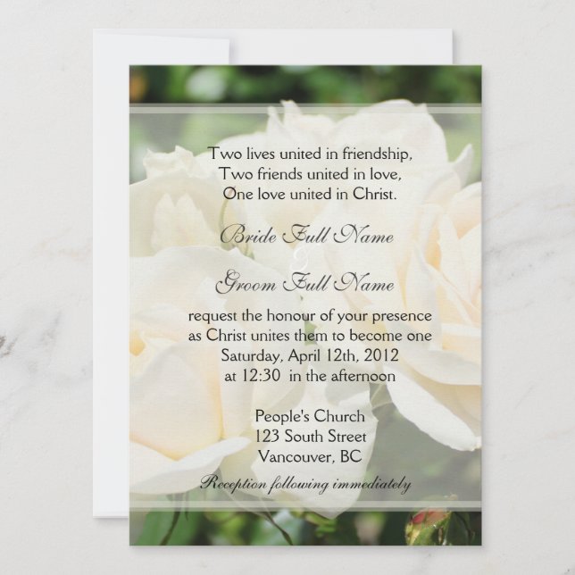 Invitación Flores de rosa blanca pura boda cristiana (Anverso)