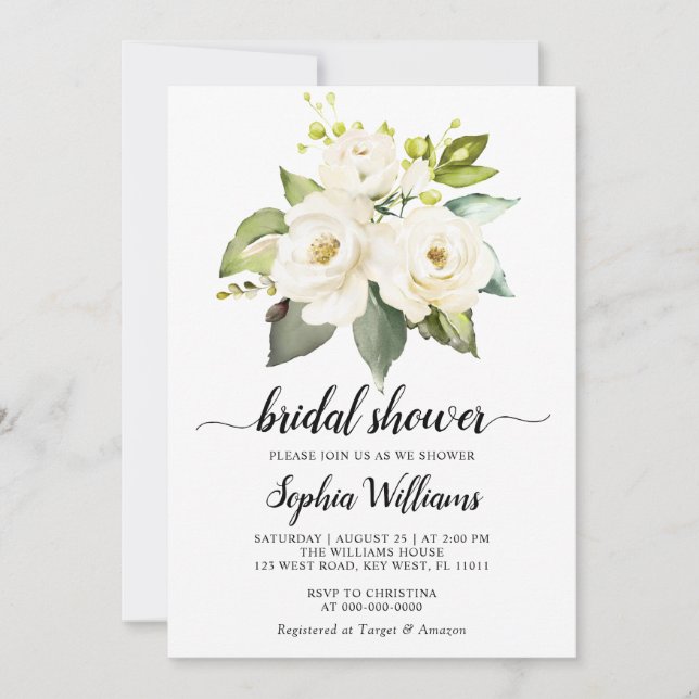 Invitación Flores de rosa blanca Verdor Ducha de novia (Anverso)