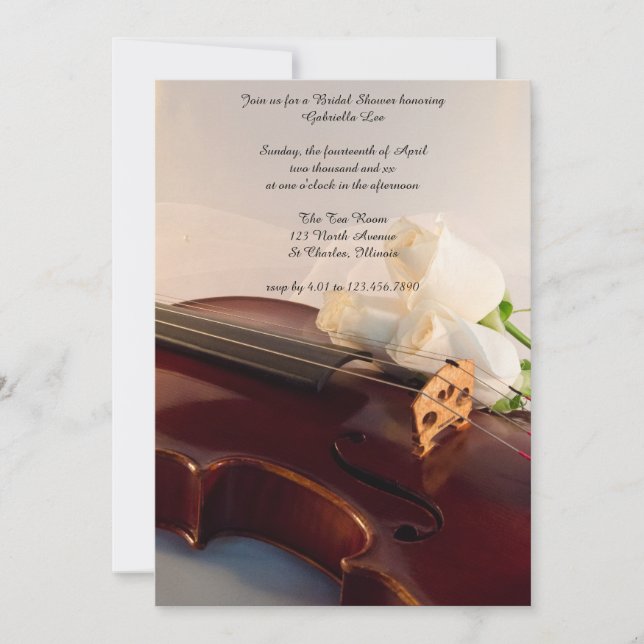 Invitación Flores de rosa blanca y violín, ducha de novia (Anverso)