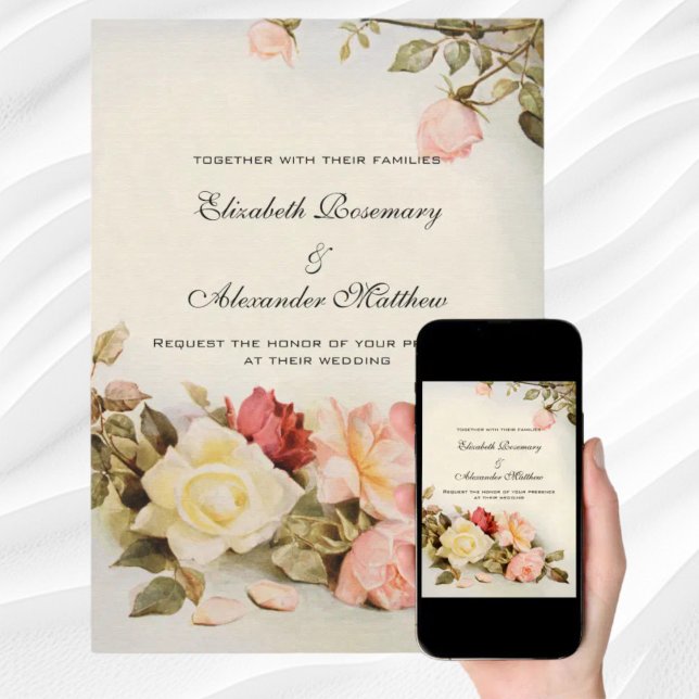 Invitación Flores de Rosa de jardín antiguo de bodas antiguas (Vintage Wedding Antique Garden Rose Flowers Invitation)