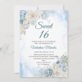 Invitación Flores de Rosa de marfil azul y polvo Dieciséis 16