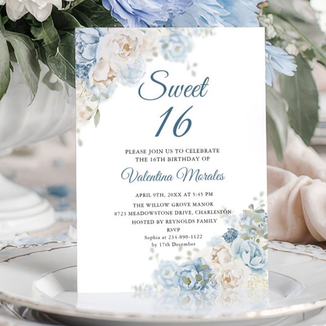 Invitación Flores de Rosa de marfil azul y polvo Dieciséis 16 (Subido por el creador)