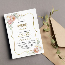 Invitación Flores de Rosa de polvo blanco primer cumpleaños y