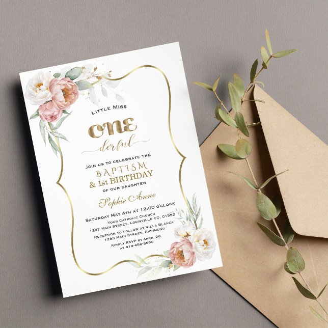 Invitación Flores de Rosa de polvo blanco primer cumpleaños y (Subido por el creador)