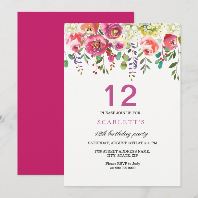 Invitación Flores de rosa invitan a fiesta de cumpleaños núme (Anverso / Reverso)