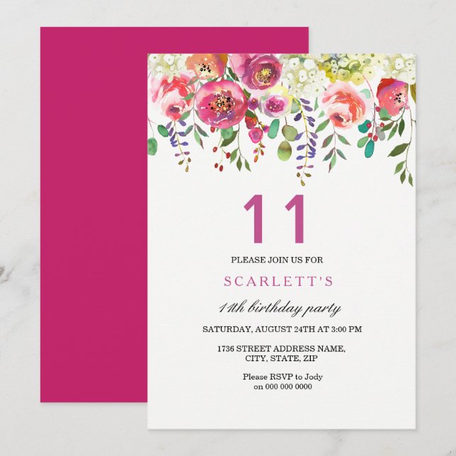 Invitación Flores de rosa invitan a fiesta de cumpleaños núme (Anverso / Reverso)