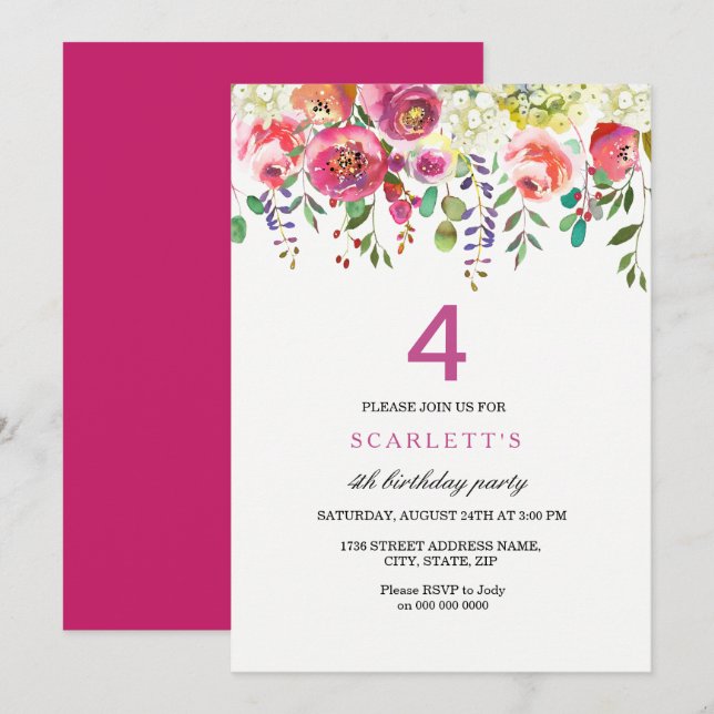 Invitación Flores de rosa para la cuarta fiesta de cumpleaños (Anverso / Reverso)