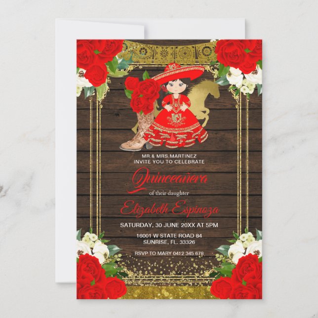 Invitación Flores de rosa rojo de la guinda de la madera Prin (Anverso)