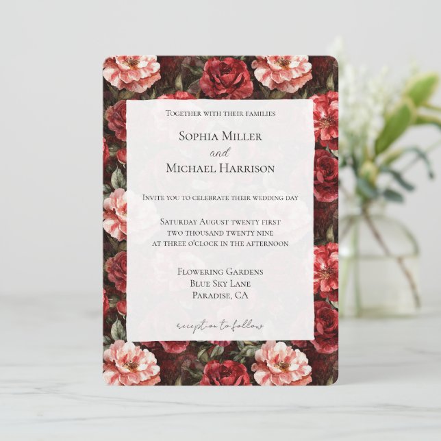 Invitación Flores de Rosa Rosa Roja Bodas (Anverso de pie)