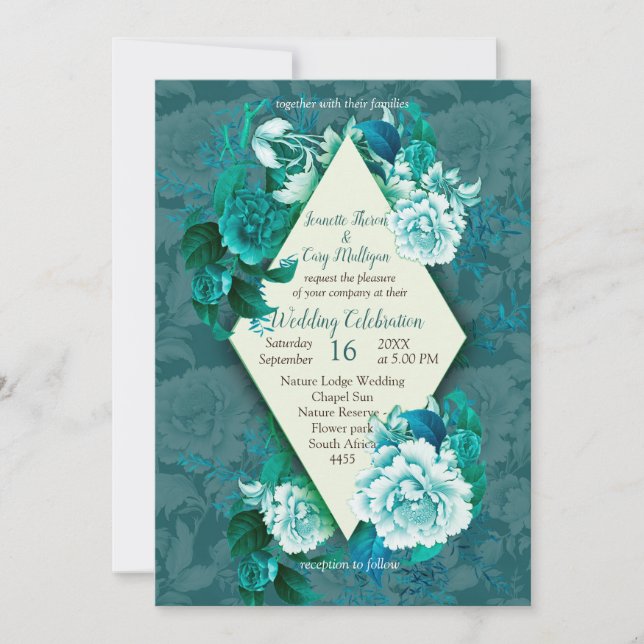 Invitación Flores de rosa verdes/blancas sobre papel de patró (Anverso)
