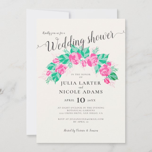 Invitación Flores de Rosa Verdes Rosadas Jardín Boda Regadera (Anverso)