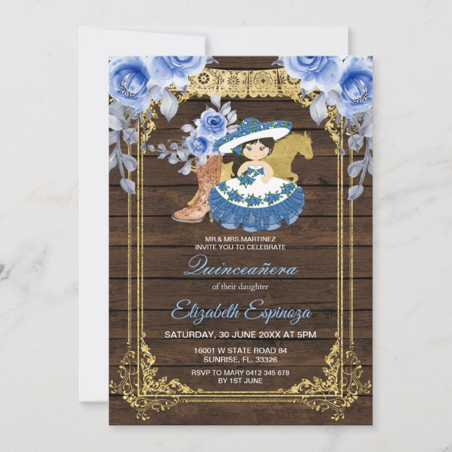 Invitación Flores de Rosas azules Quinceanera mexicana de mad (Anverso)