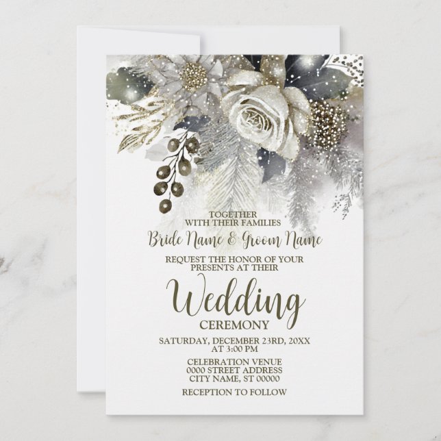 Invitación Flores de rosas blancas doradas de la fiesta de la (Anverso)