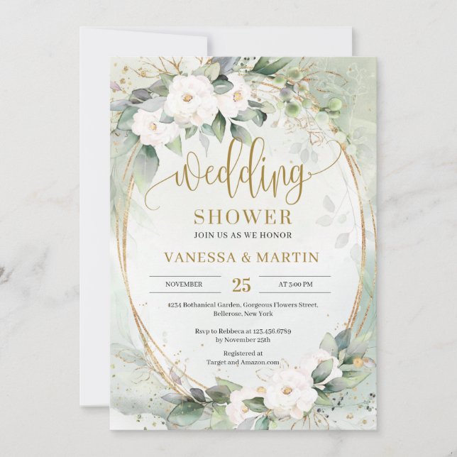 Invitación Flores de rosas blancas eucalipto verde oro oval (Anverso)