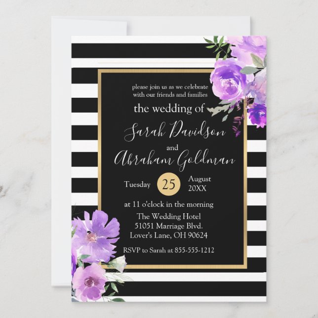 Invitación Flores de Rosas de Bodas a Rayas Blancas y Negras  (Anverso)