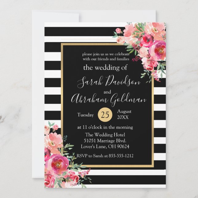 Invitación Flores de Rosas de Bodas de Rayas Blancas y Negras (Anverso)