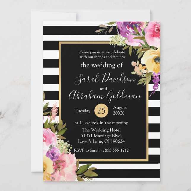 Invitación Flores de Rosas de Rayas Blancas y Negras Boda  (Anverso)