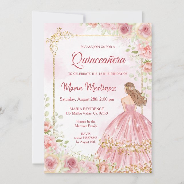 Invitación Flores De Rosas Rosadas Con Quinceanera Rosa Rubor (Anverso)