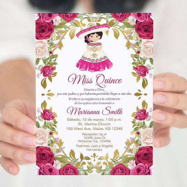 Invitación Flores de rosas rosadas mexicanas Quinceanera (Subido por el creador)
