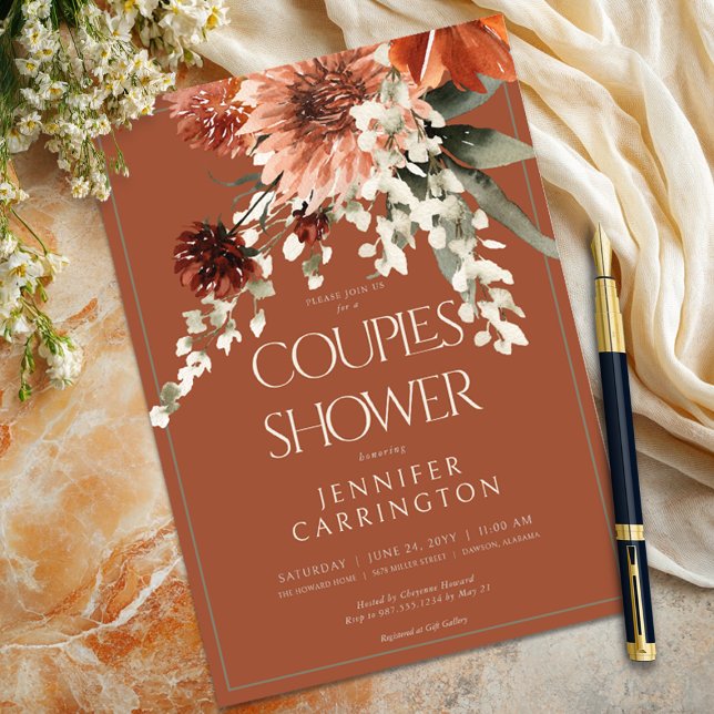 Invitación Flores de roya rústicas de terracota Ducha de pare (Rustic Terracotta Rust Flowers Couples Shower Invitation)