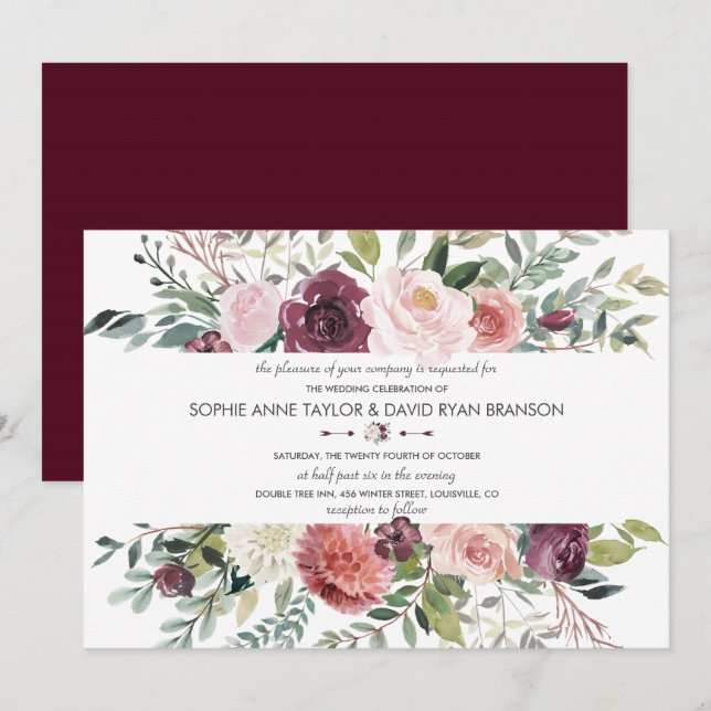 Invitación Flores de Rubor encantadoras contra Boda de Borgoñ (Anverso / Reverso)