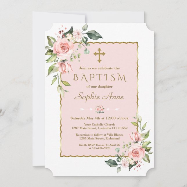 Invitación Flores de Rubor rosa de lujo Baptismo cruzado de o (Anverso)