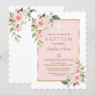 Invitación Flores de Rubor rosadas delgadas cruzan el bautism