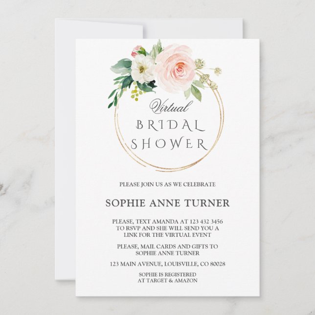 Invitación Flores De Rubor Rosadas, Ducha Virtual De Novias P (Anverso)
