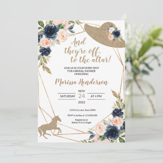 Invitación Flores de Rubor y marina en Kentucky Derby Bridal  (Anverso de pie)