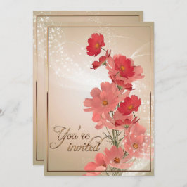 Invitación Flores de salmón y rojas/Recorte de oro