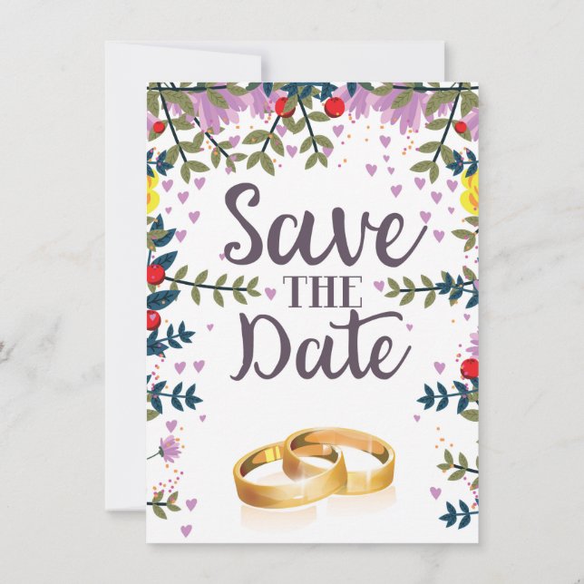 Invitación Flores de Save the Date y anillos de boda (Reverso)