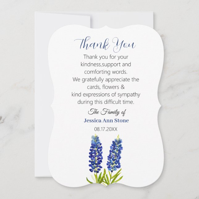 Invitación Flores de simpatía Bluebonnets Funeral Muerte Grac (Anverso)