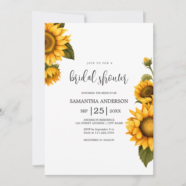 Invitación Flores de sol brillantes Ducha de novia minimalist (Anverso)