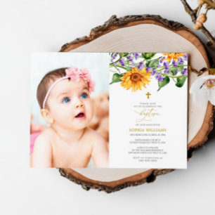 Invitación Flores de sol rusas y bautismo de foto de lavanda
