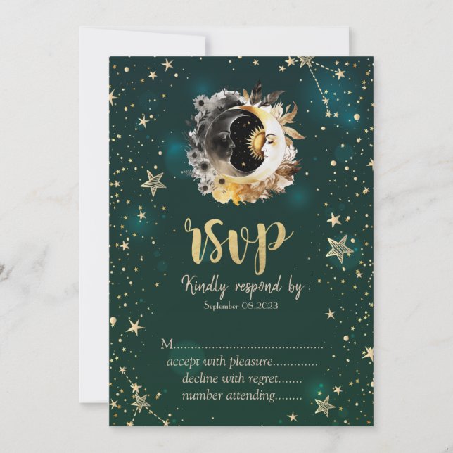 Invitación Flores de Sol y Luna Celestiales Estrellas Verdes  (Anverso)