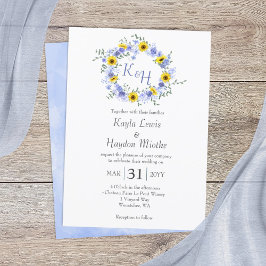 Invitación Flores de sol y Rosas azul turbulento Boda Wreath