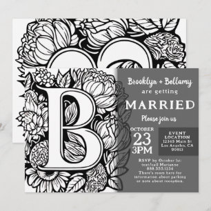 Invitación Flores de Tatuaje de Monograma en Negro y Blanco B