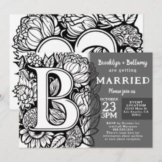 Invitación Flores de Tatuaje de Monograma en Negro y Blanco B