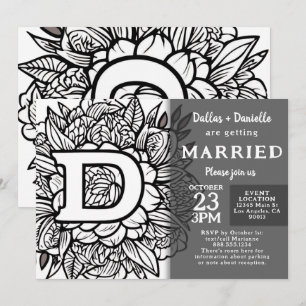 Invitación Flores de Tatuaje de Monograma en Negro y Blanco p