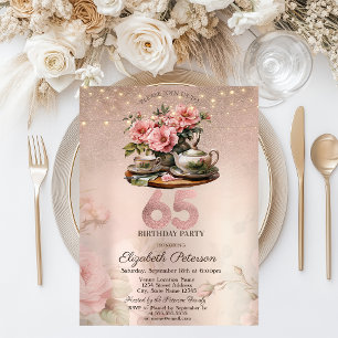 Invitación Flores de Taza de Té Brillo Rosa Dorado 65º