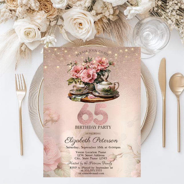 Invitación Flores de Taza de Té Brillo Rosa Dorado 65º (Subido por el creador)