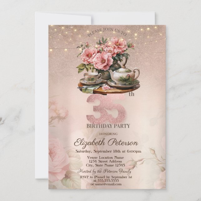 Invitación Flores de Taza de Té Brillo Rosa Dorado Cumpleaños (Anverso)
