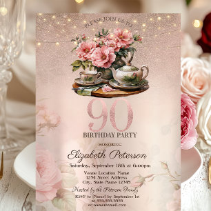 Invitación Flores de Taza de Té Brillo Rosa Dorado Cumpleaños