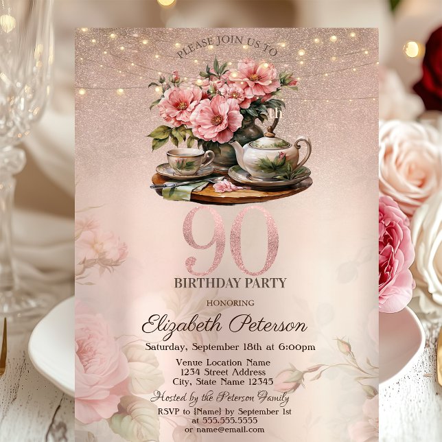 Invitación Flores de Taza de Té Brillo Rosa Dorado Cumpleaños (Subido por el creador)