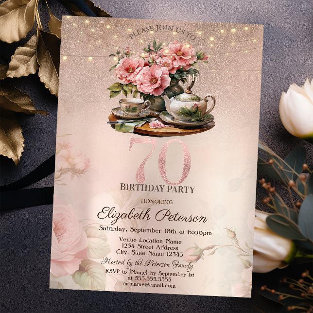 Invitación Flores de Taza de Té Brillo Rosa Dorado Cumpleaños (Subido por el creador)