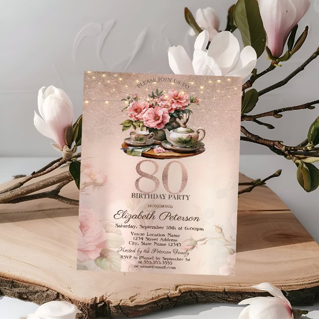 Invitación Flores de Taza de Té Brillo Rosa Dorado Cumpleaños (Subido por el creador)